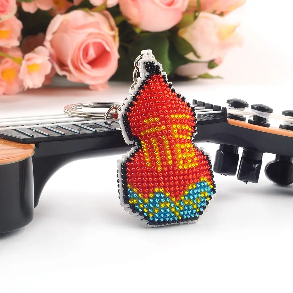 Colorful Beaded Fu Lu Fu Key Chain with Cross Stitch Design - Image 5