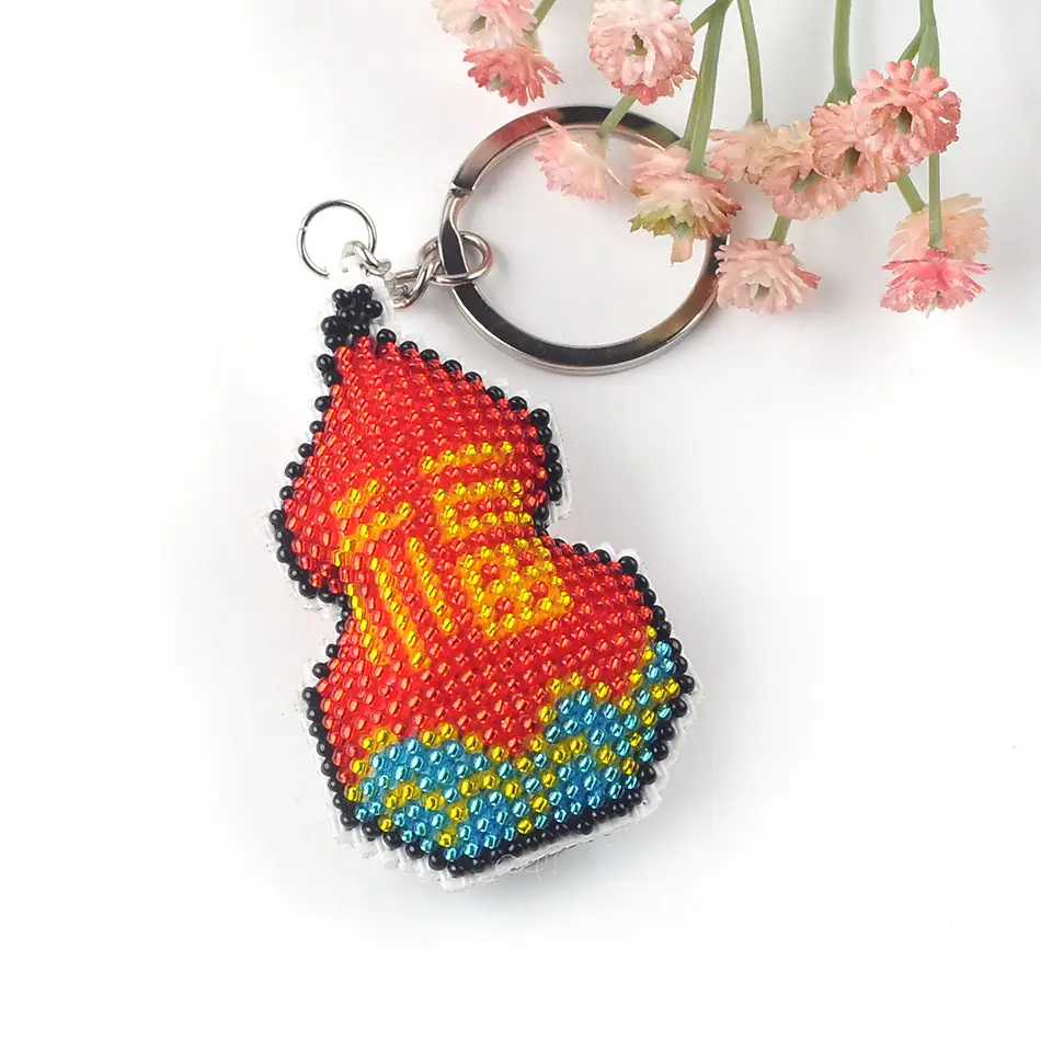 Colorful Beaded Fu Lu Fu Key Chain with Cross Stitch Design — feature 10