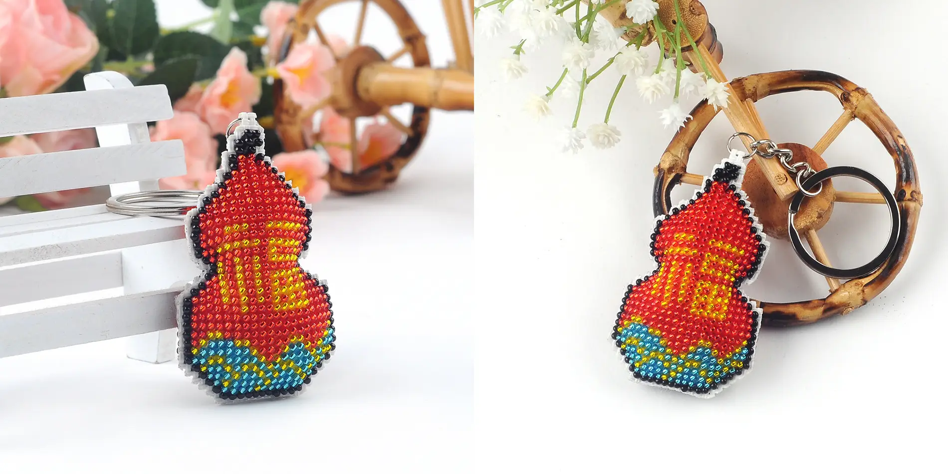 Colorful Beaded Fu Lu Fu Key Chain with Cross Stitch Design — feature 4