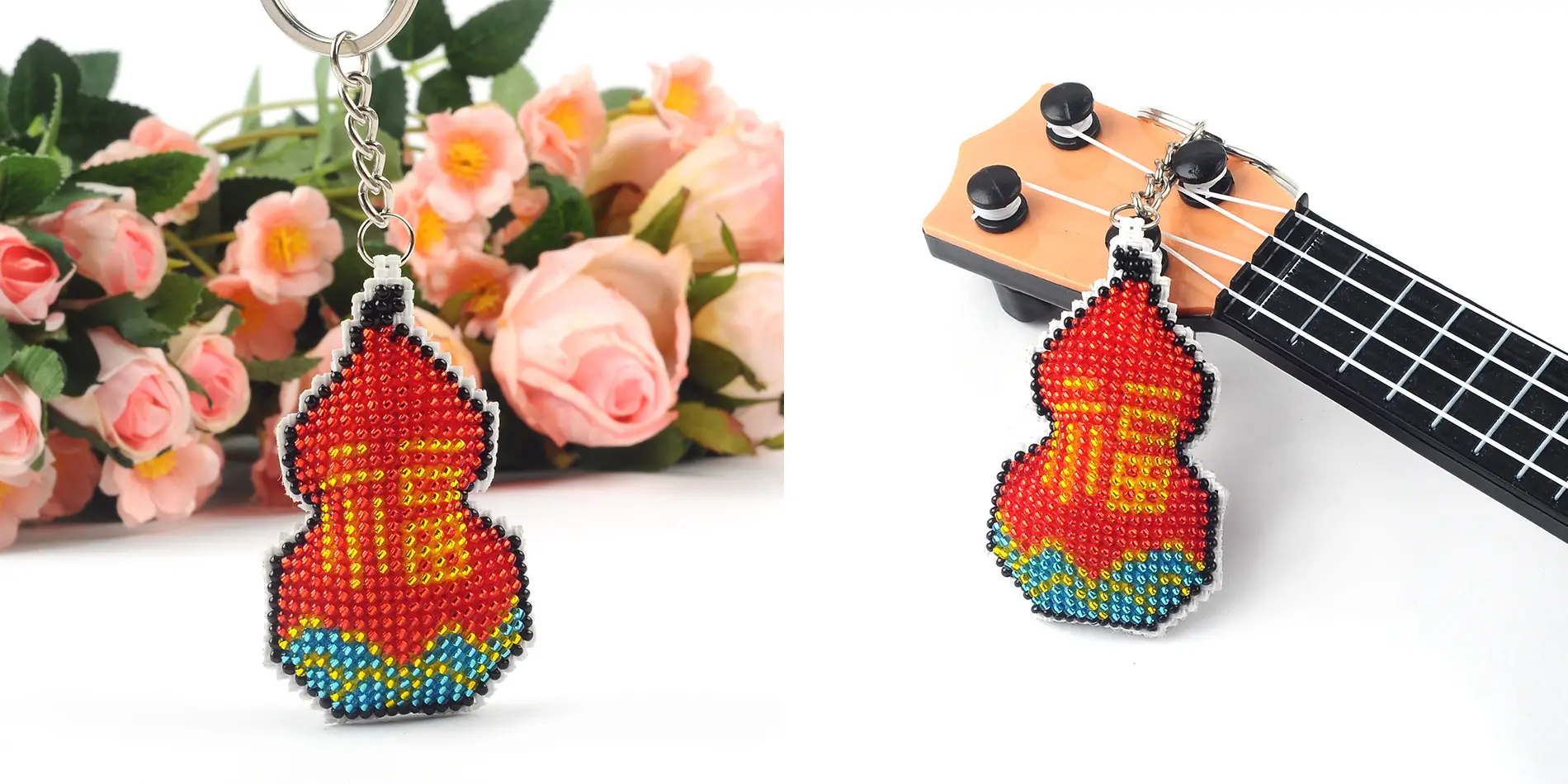 Colorful Beaded Fu Lu Fu Key Chain with Cross Stitch Design — feature 5