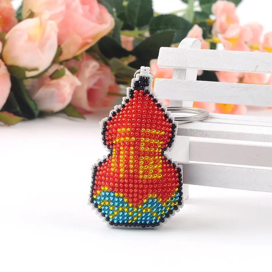 Colorful Beaded Fu Lu Fu Key Chain with Cross Stitch Design — feature 9