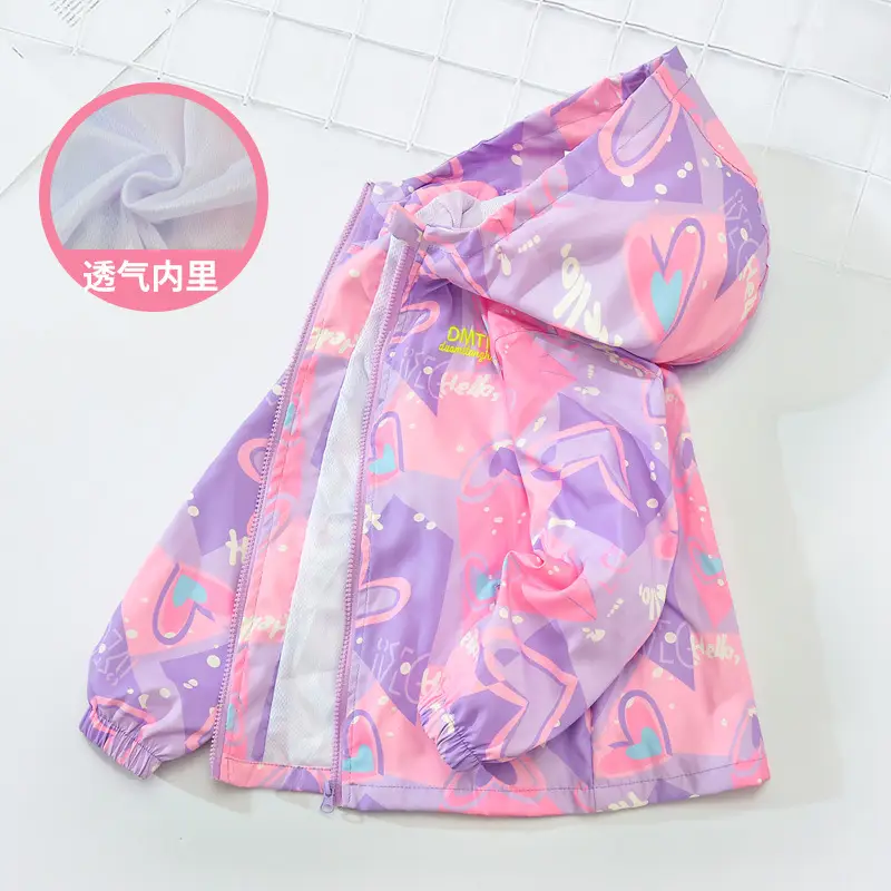 Girls' Pink Heart Print Windbreaker 2025 - Image 2