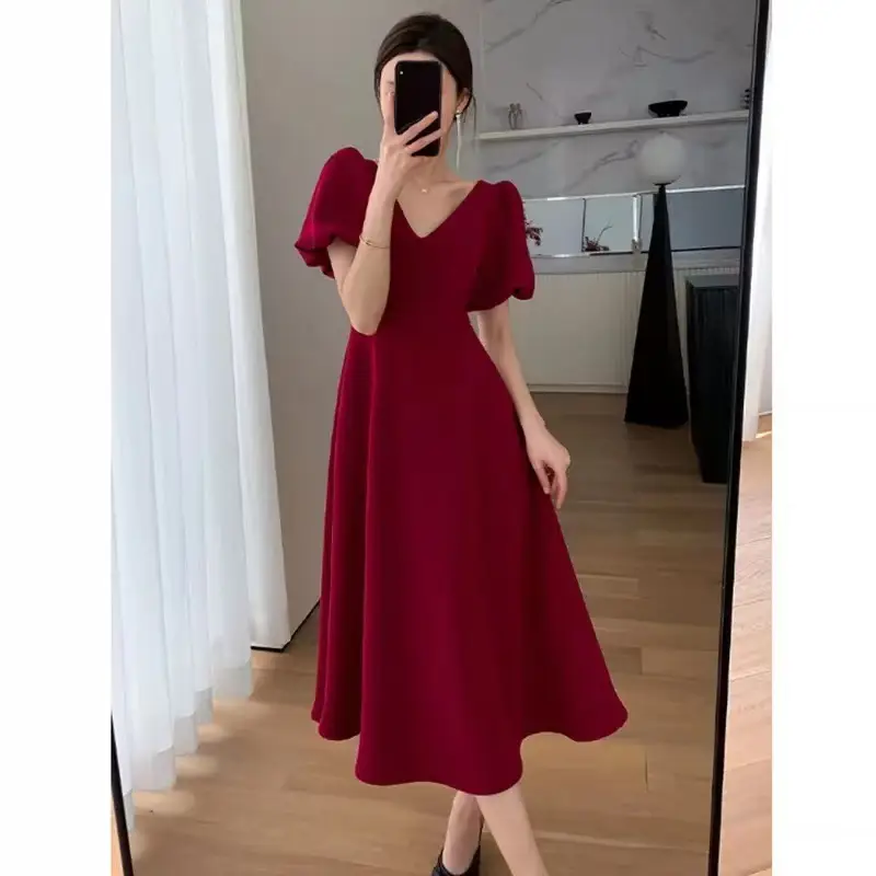 Black French V-Neck Wine Red Dress for Women - Image 2