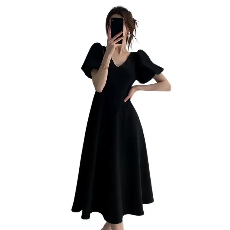 Black French V-Neck Wine Red Dress for Women - Image 5