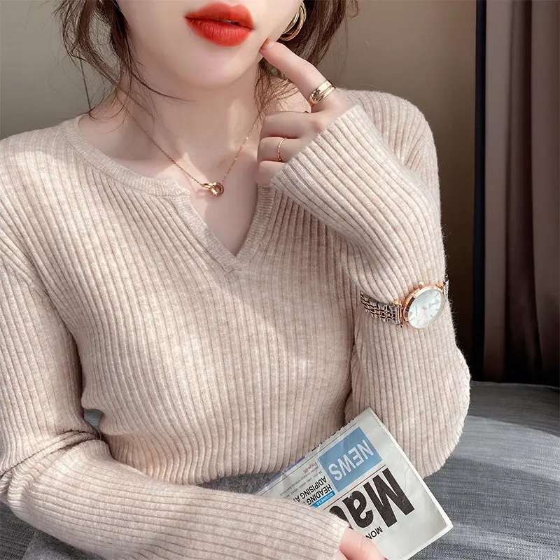 Women's V Neck Knit Sweater Top Beige Slim Fit - Image 9