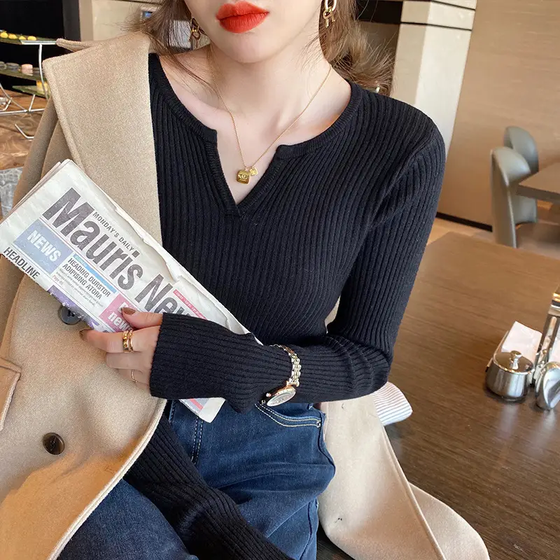Women's V Neck Knit Sweater Top Beige Slim Fit - Image 10