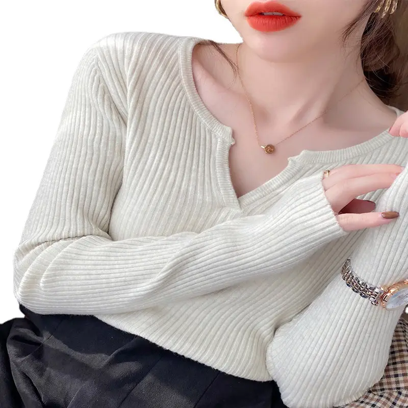 Women's V Neck Knit Sweater Top Beige Slim Fit - Image 12
