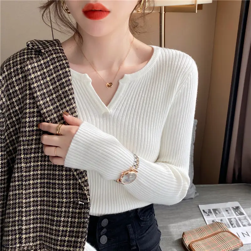 Women's V Neck Knit Sweater Top Beige Slim Fit - Image 2