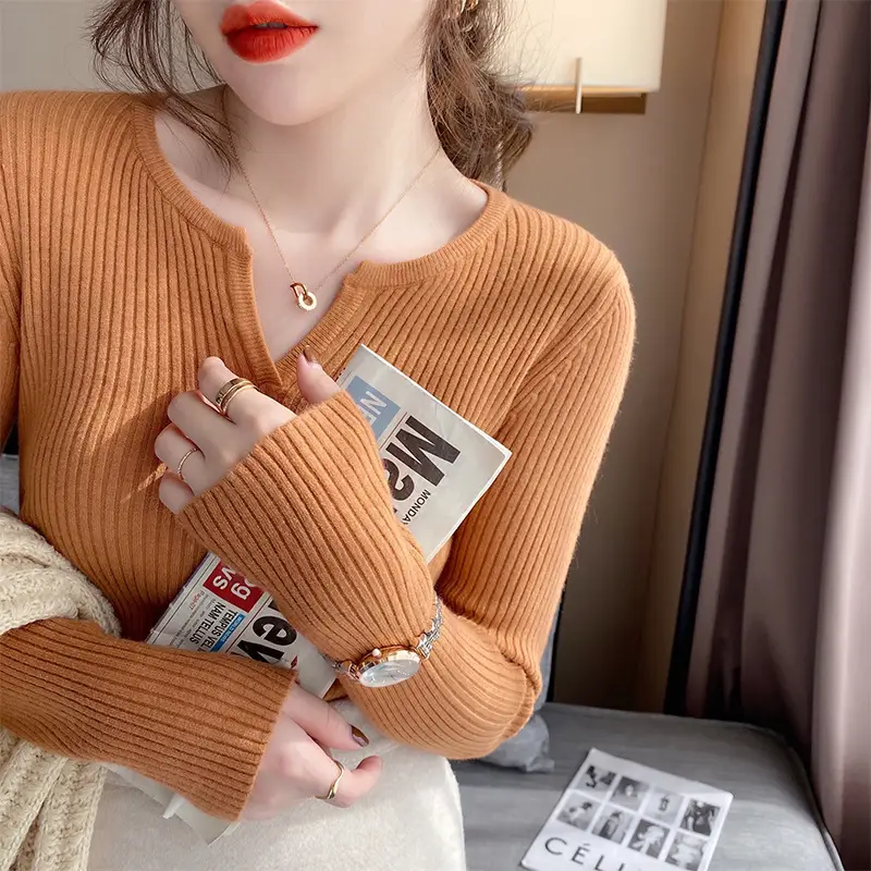 Women's V Neck Knit Sweater Top Beige Slim Fit - Image 3