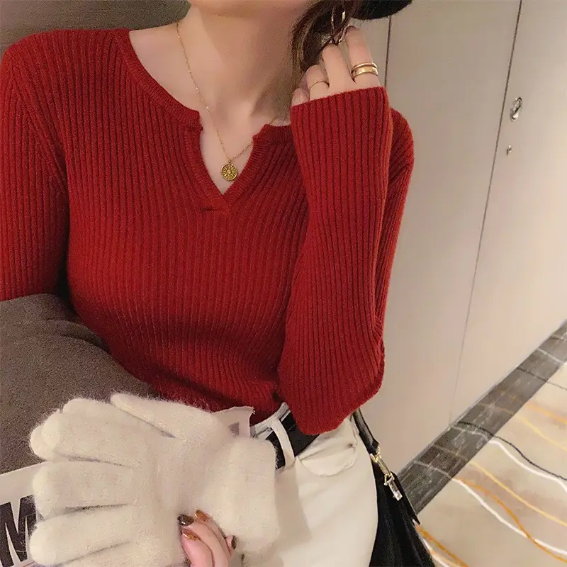 Women's V Neck Knit Sweater Top Beige Slim Fit - Image 4