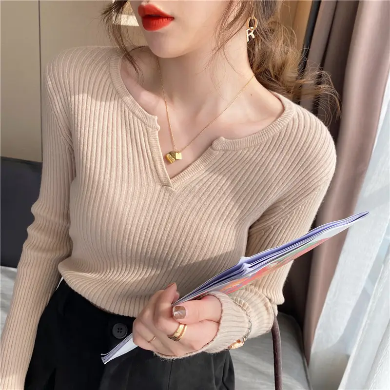 Women's V Neck Knit Sweater Top Beige Slim Fit - Image 5