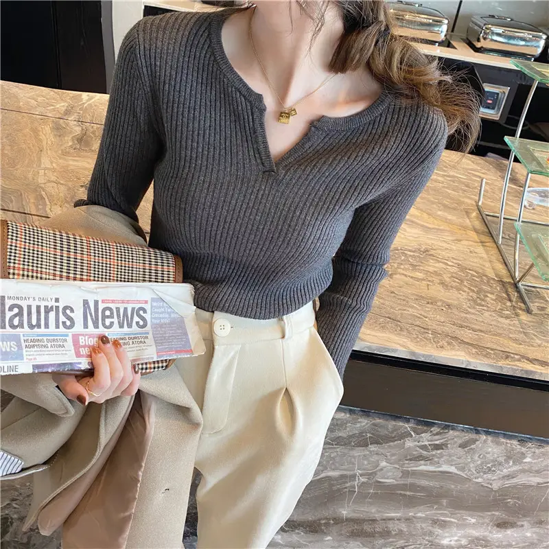 Women's V Neck Knit Sweater Top Beige Slim Fit - Image 6