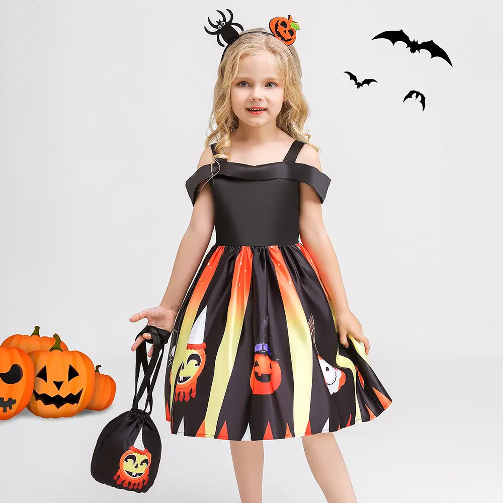 Halloween Girl's Costume Dress with Bat Print
