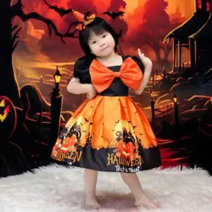 Halloween Girl's Costume Dress with Bat Print — feature 6