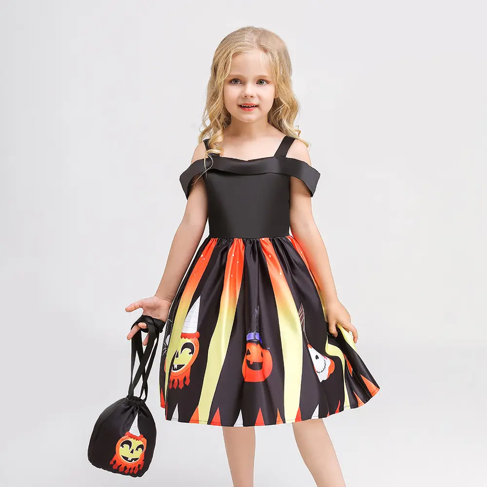 Halloween Girl's Costume Dress with Bat Print