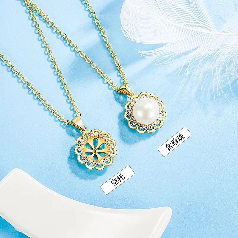 Women's Pearl Sunflower Pendant with Flash Diamond - Image 2