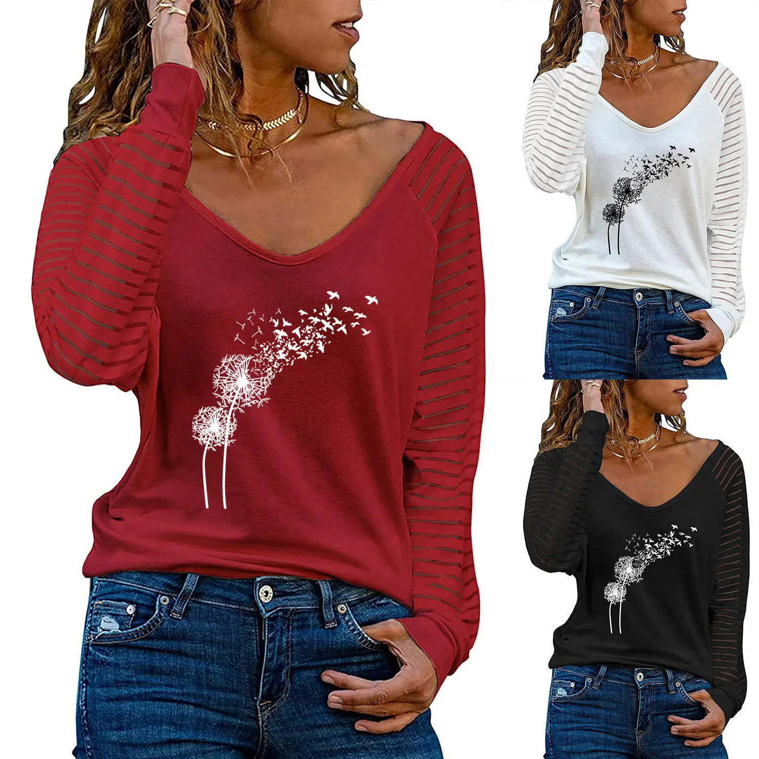 White Dandelion Print V-Neck Long Sleeve Top for Women - Image 4
