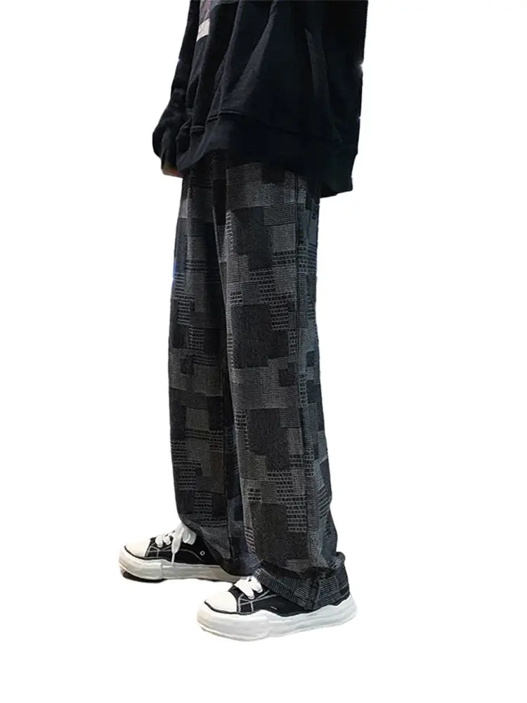 Men's Loose Square Patterned Wide Leg Jeans Spring