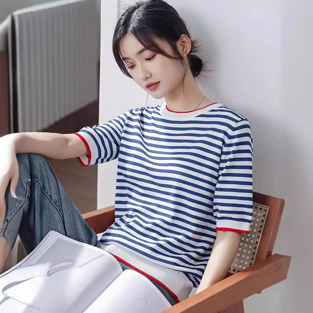 Women Striped Knitted T-Shirt Crewneck Blue White - Image 2