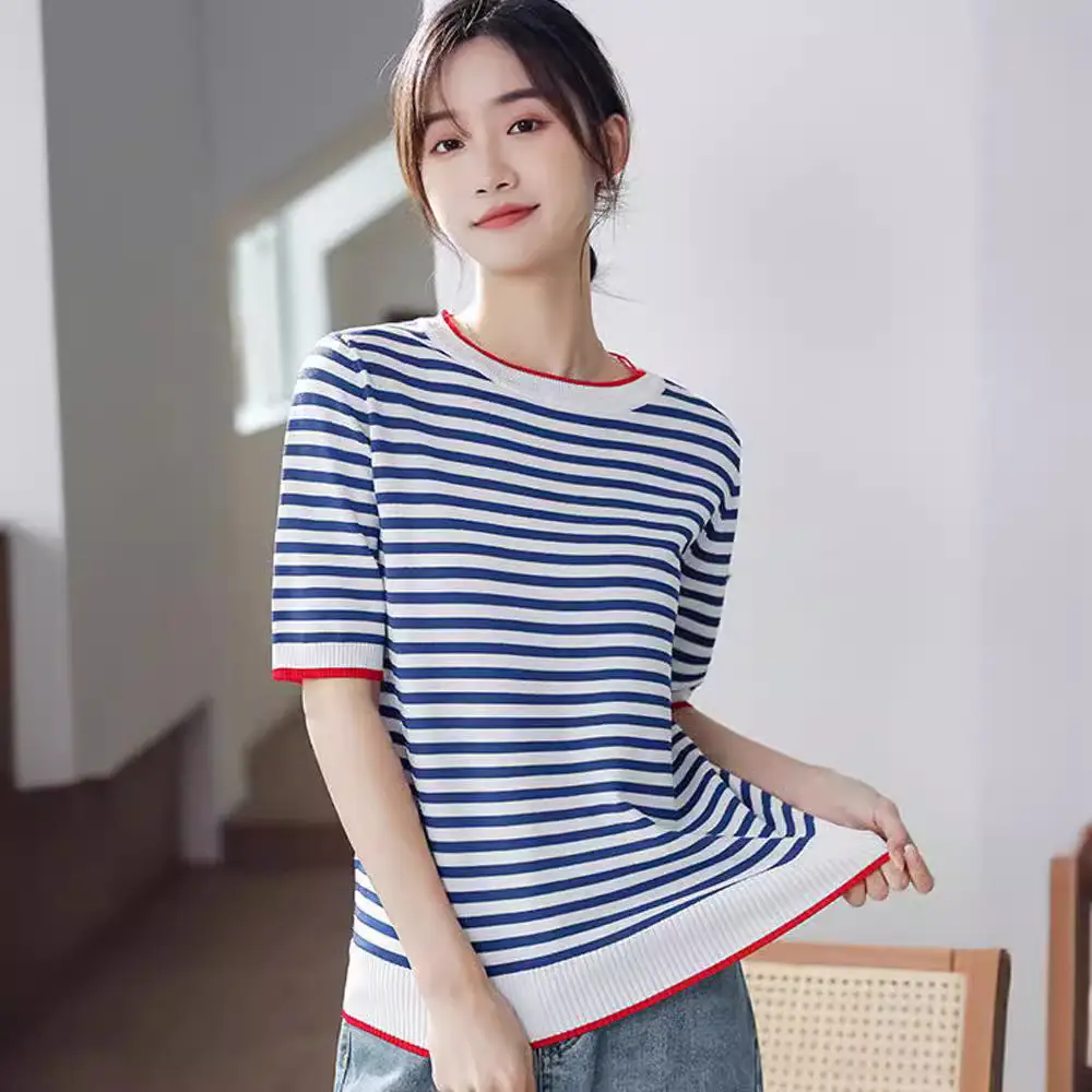 Women Striped Knitted T-Shirt Crewneck Blue White - Image 3