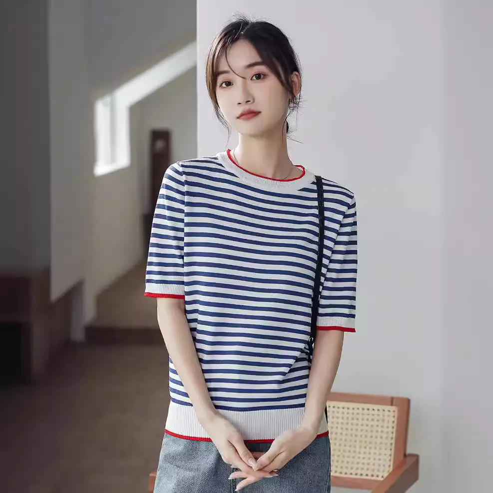 Women Striped Knitted T-Shirt Crewneck Blue White - Image 4