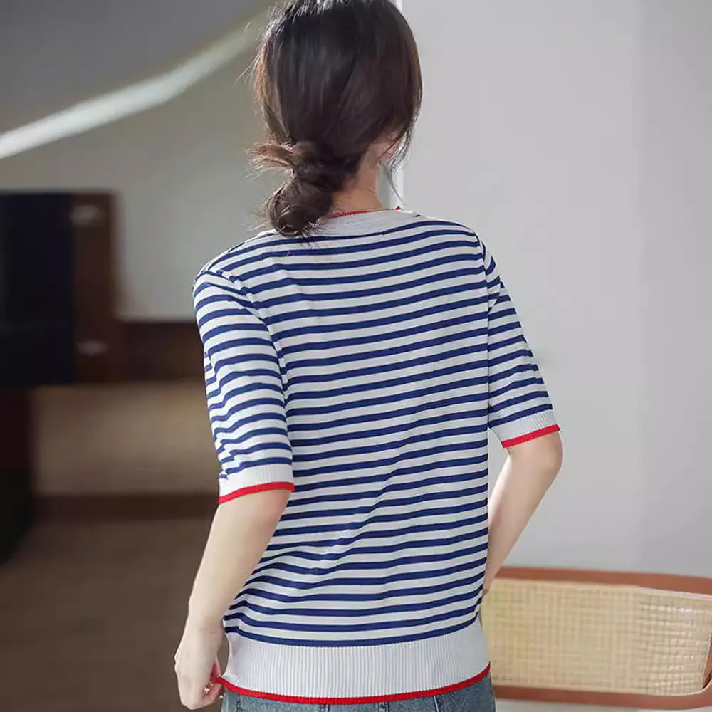 Women Striped Knitted T-Shirt Crewneck Blue White - Image 5