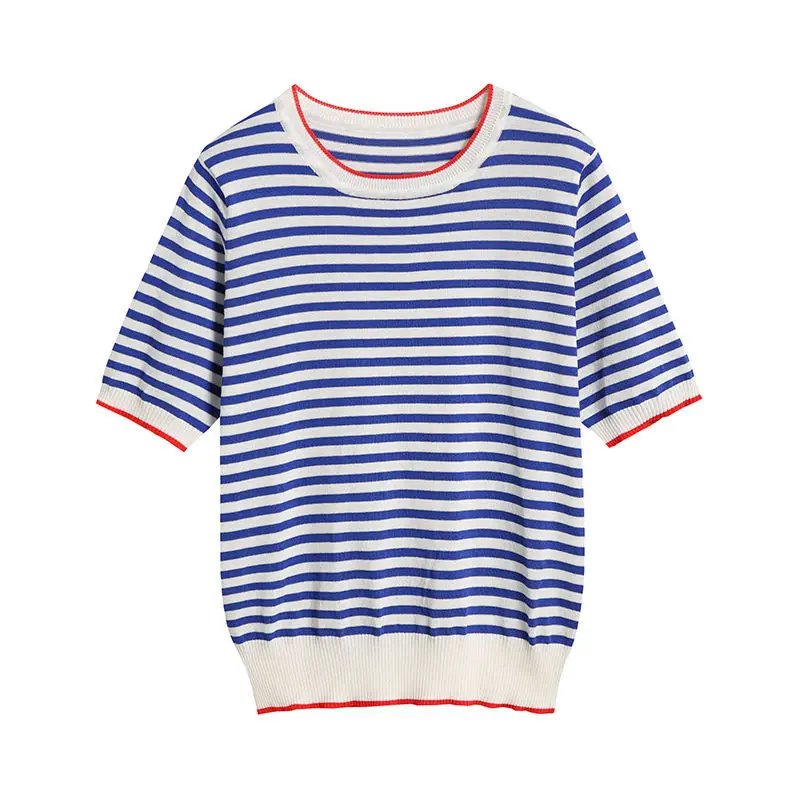 Women Striped Knitted T-Shirt Crewneck Blue White - Image 6
