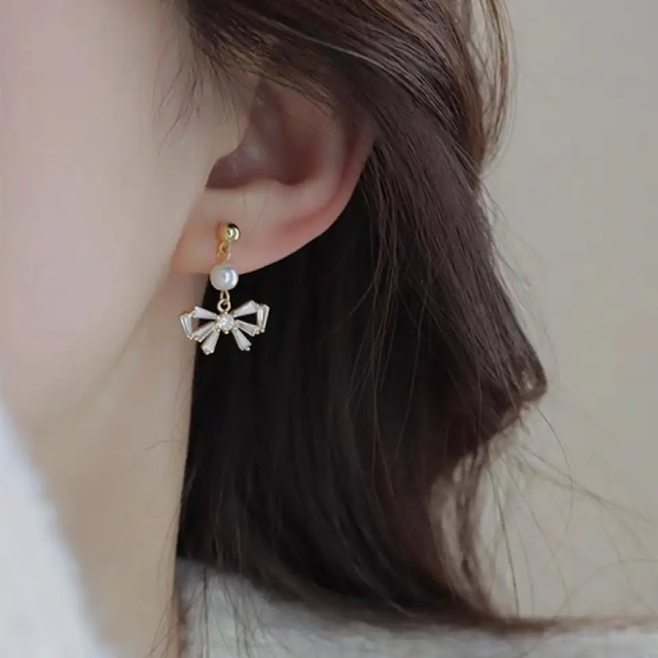 Bow Pearl Earrings Korean Style Elegant Ear Clip