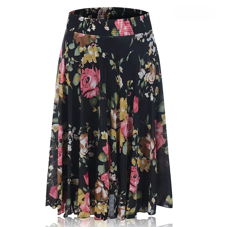 34 Color Ice Silk Floral Mid Skirt Elastic Waist - Image 15