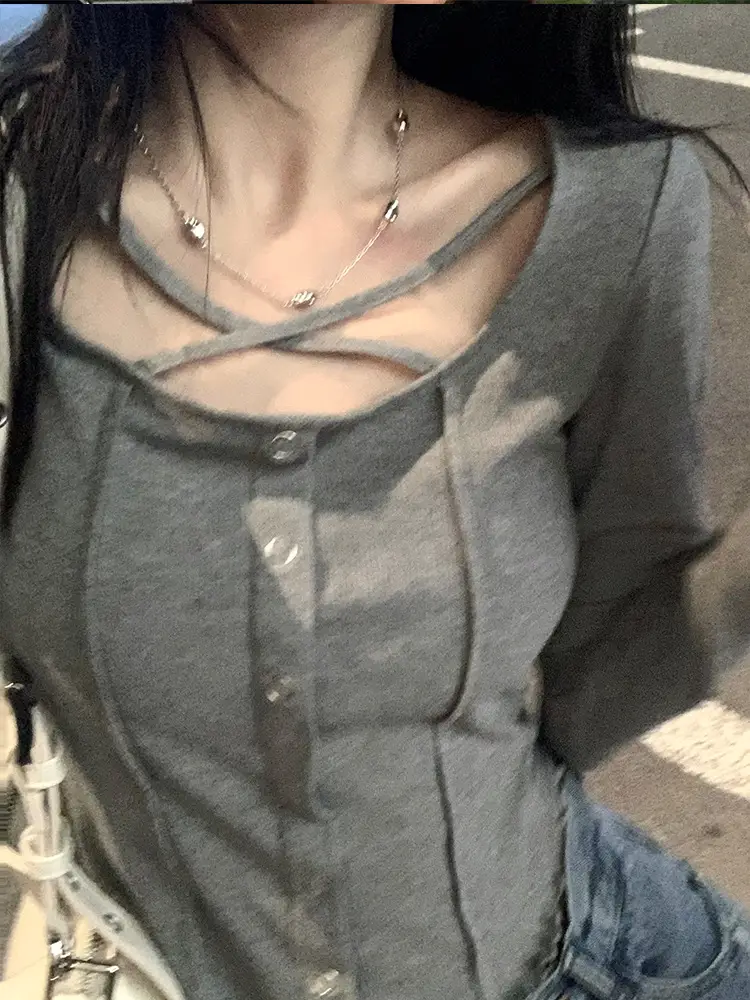 Women Slim Fit Ribbed Long Sleeve Top Grey 2025