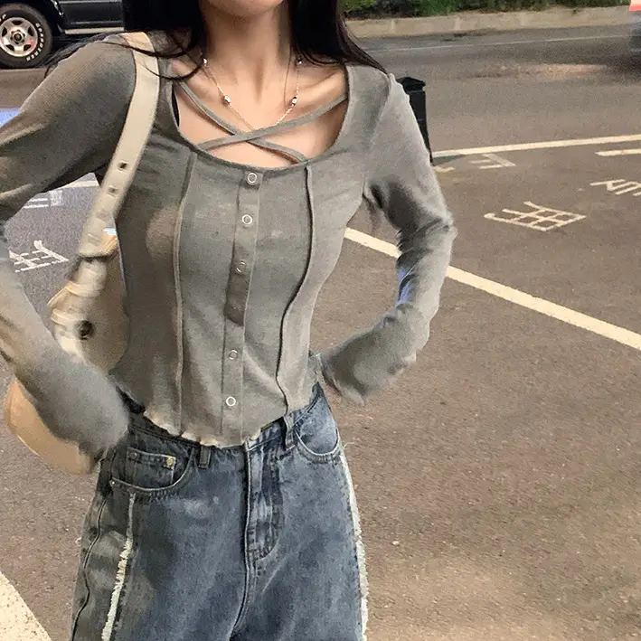 Women Slim Fit Ribbed Long Sleeve Top Grey 2025 — feature 2