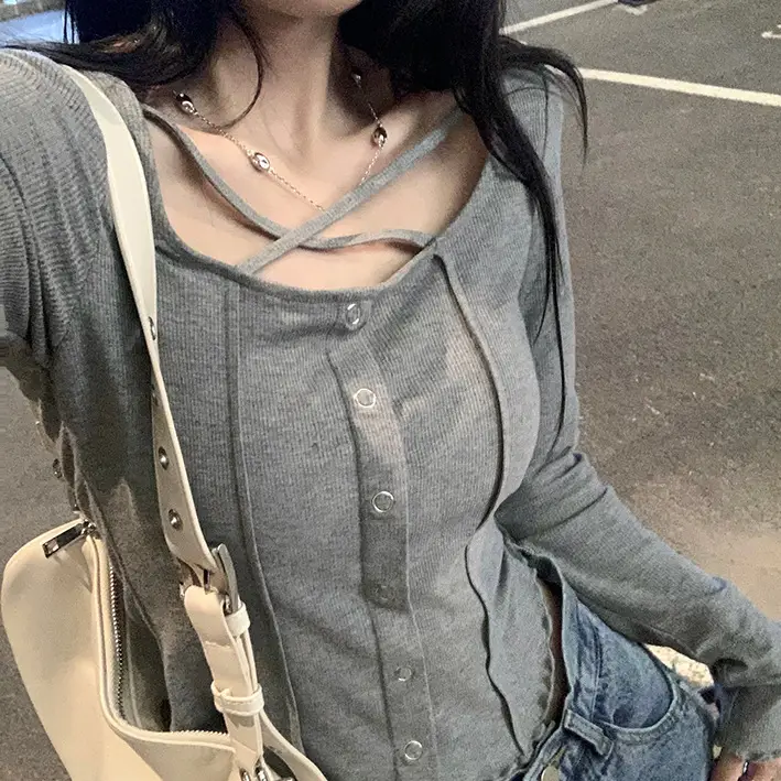 Women Slim Fit Ribbed Long Sleeve Top Grey 2025 — feature 6