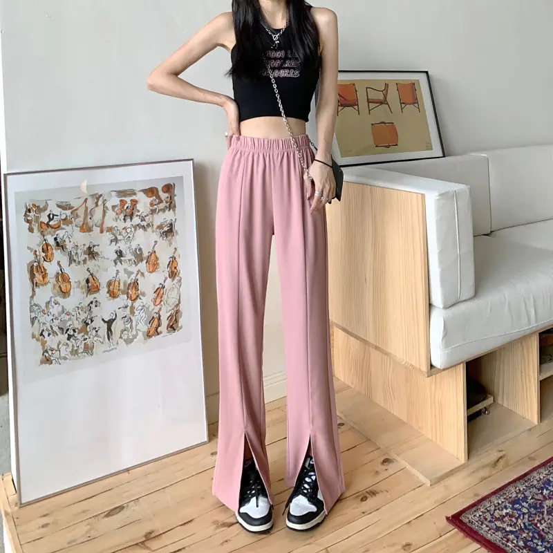 Women Pink Wide Leg Pants with High Waist Top