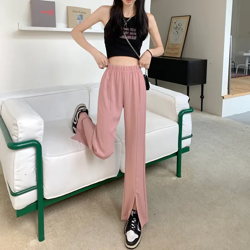 Women Pink Wide Leg Pants with High Waist Top