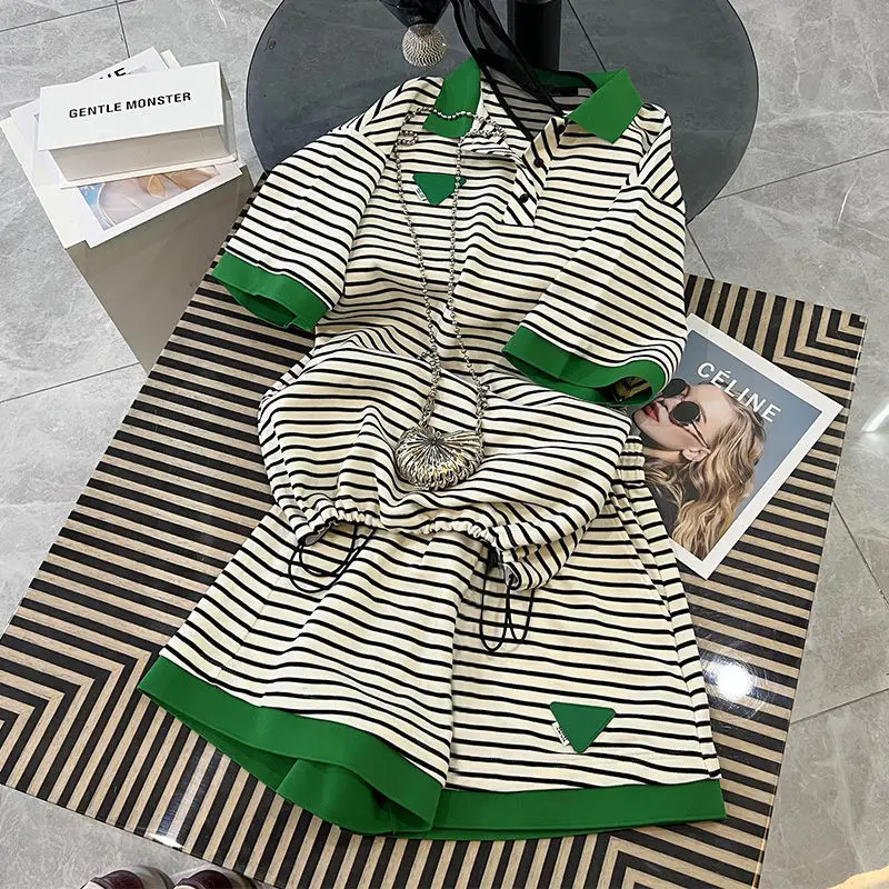 Women Casual Striped Shorts Set Green Belt Large - Image 2