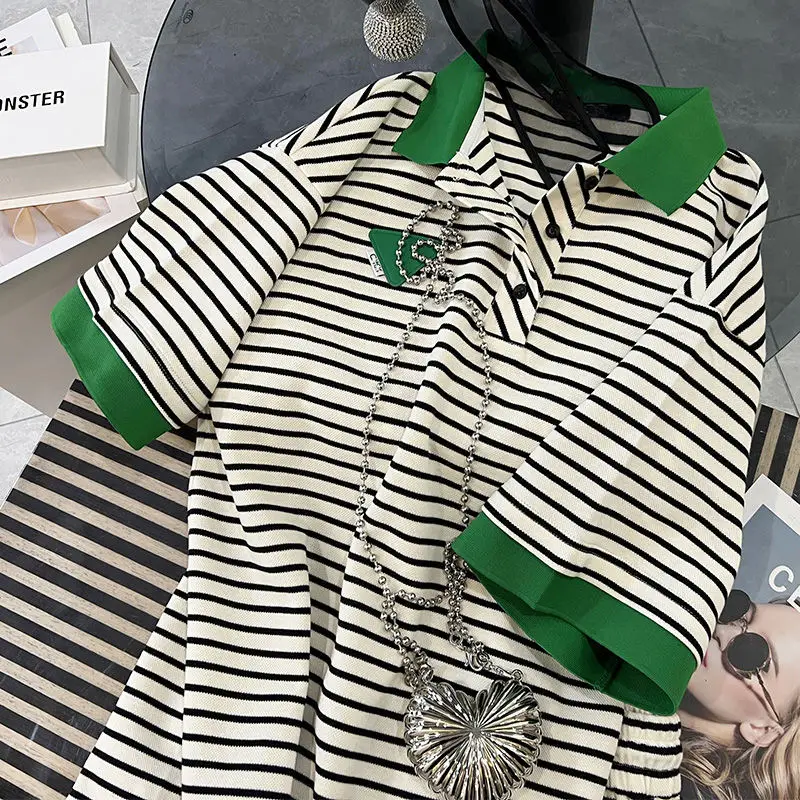 Women Casual Striped Shorts Set Green Belt Large - Image 3