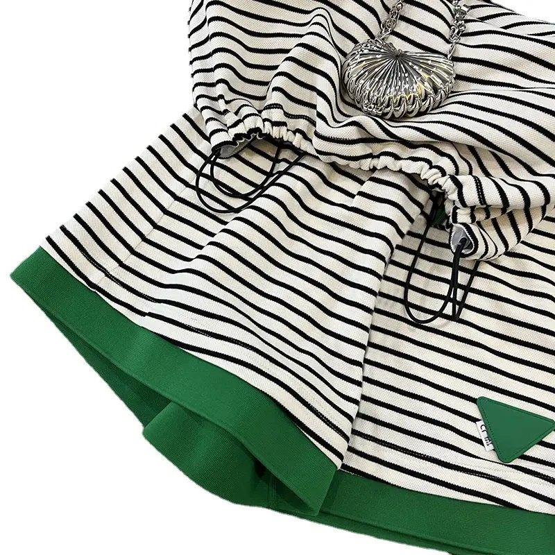 Women Casual Striped Shorts Set Green Belt Large - Image 5