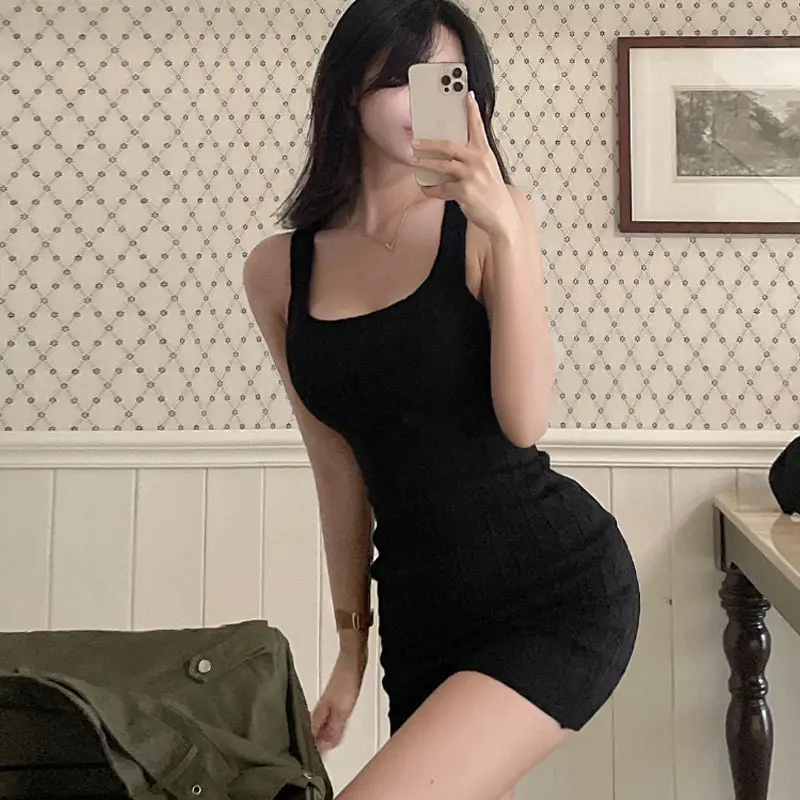Black Tight Waist Square Collar Knitted Sling Dress for Women - Image 6