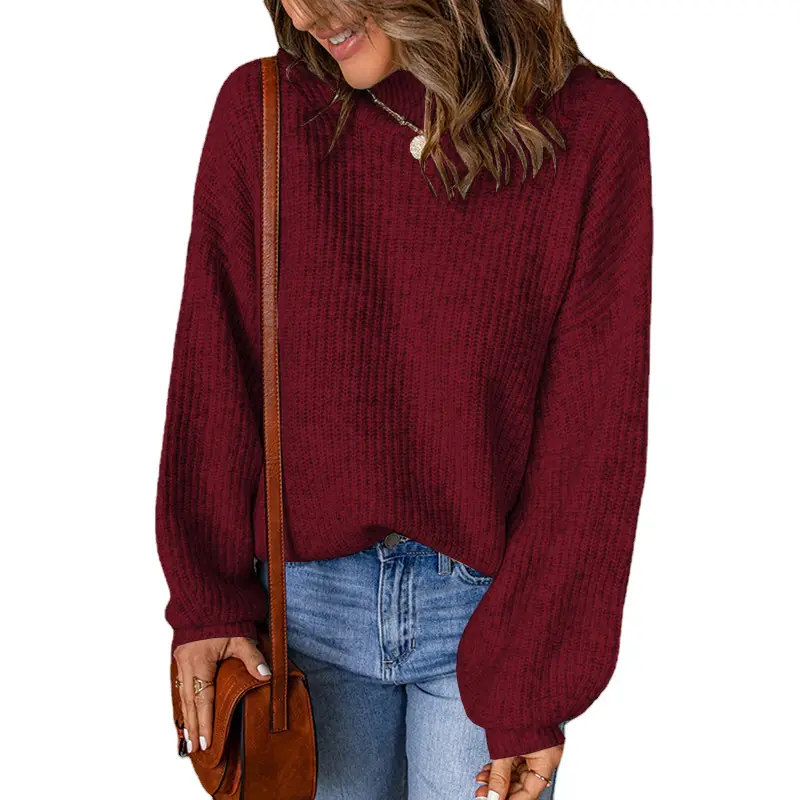 Women's Blue Waffle Knit High Collar Pullover Sweater - Image 10