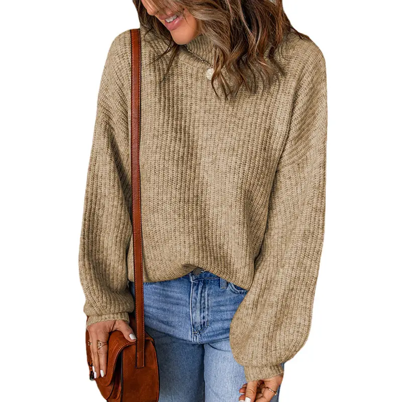 Women's Blue Waffle Knit High Collar Pullover Sweater - Image 11