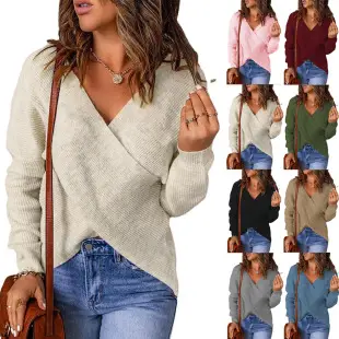 Women's Blue Waffle Knit High Collar Pullover Sweater — feature 11