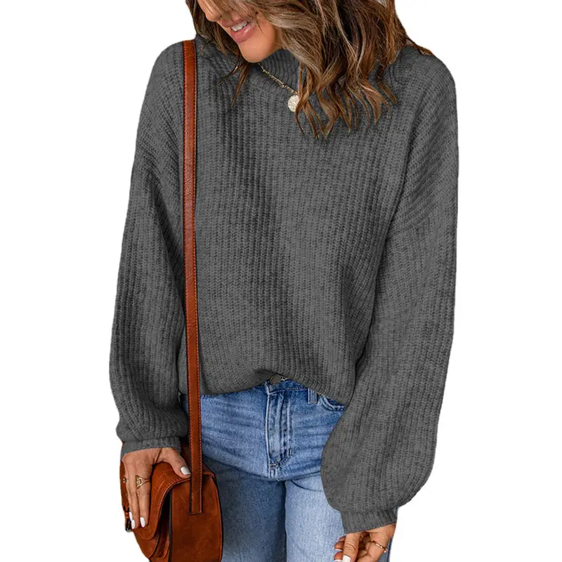 Women's Blue Waffle Knit High Collar Pullover Sweater - Image 2