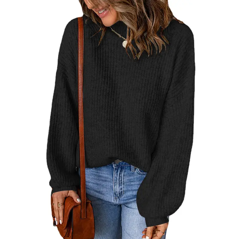 Women's Blue Waffle Knit High Collar Pullover Sweater - Image 4