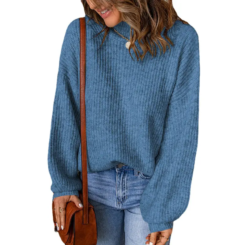 Women's Blue Waffle Knit High Collar Pullover Sweater - Image 5