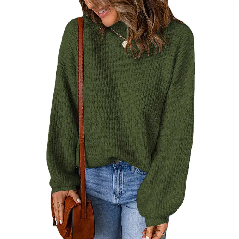 Women's Blue Waffle Knit High Collar Pullover Sweater - Image 6