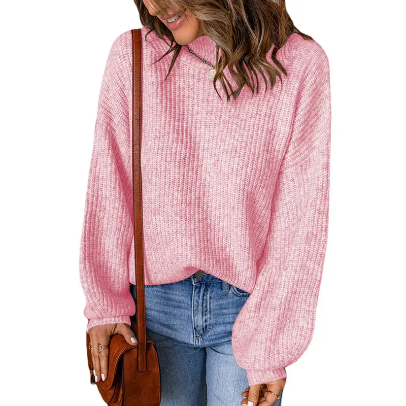 Women's Blue Waffle Knit High Collar Pullover Sweater - Image 7