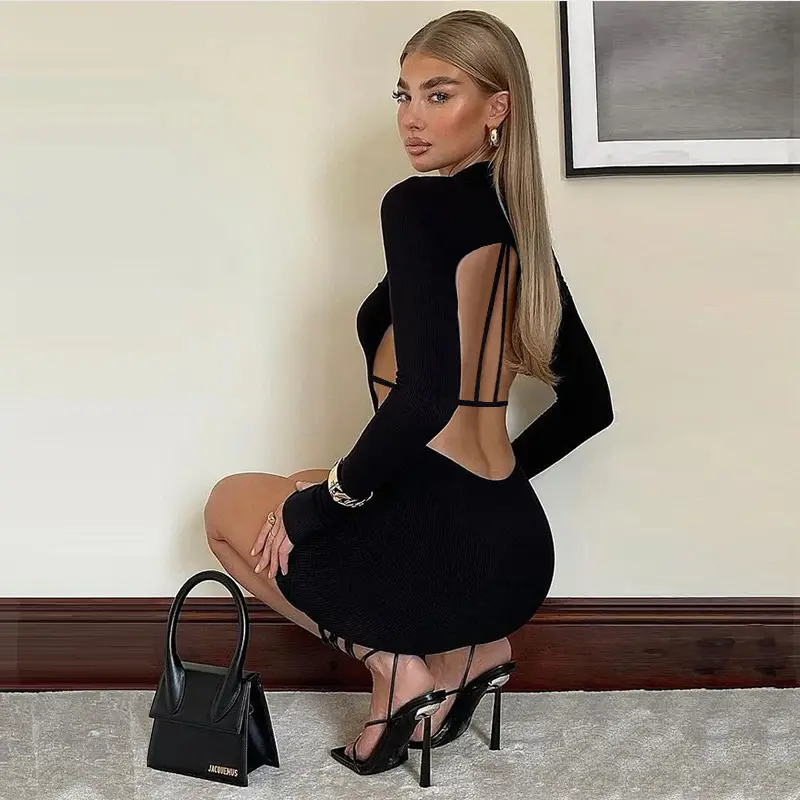 Black Long Sleeve Waist Back Hip Dress for Women - Image 2