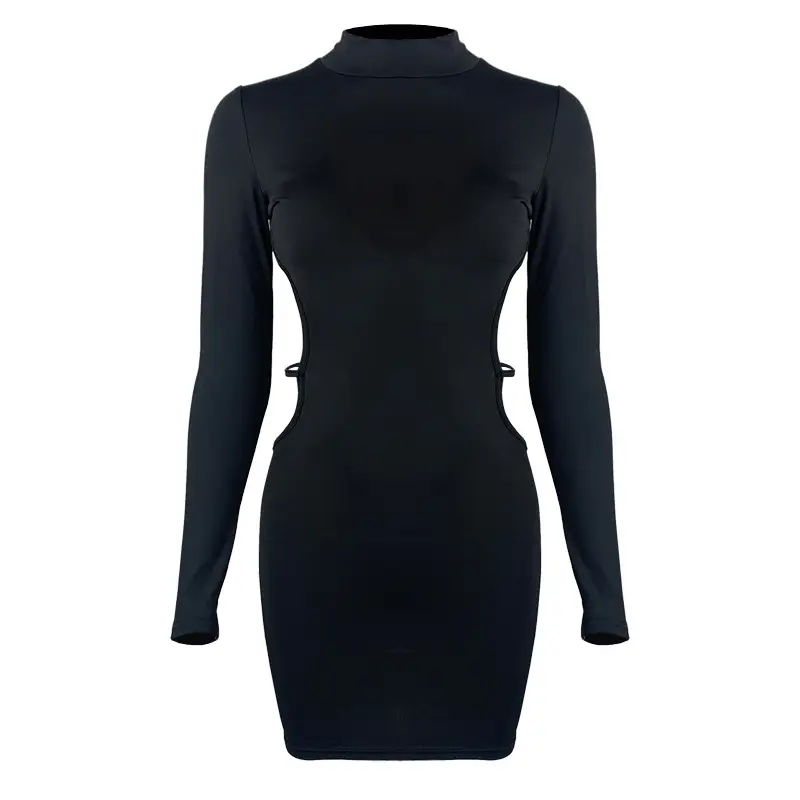 Black Long Sleeve Waist Back Hip Dress for Women - Image 6