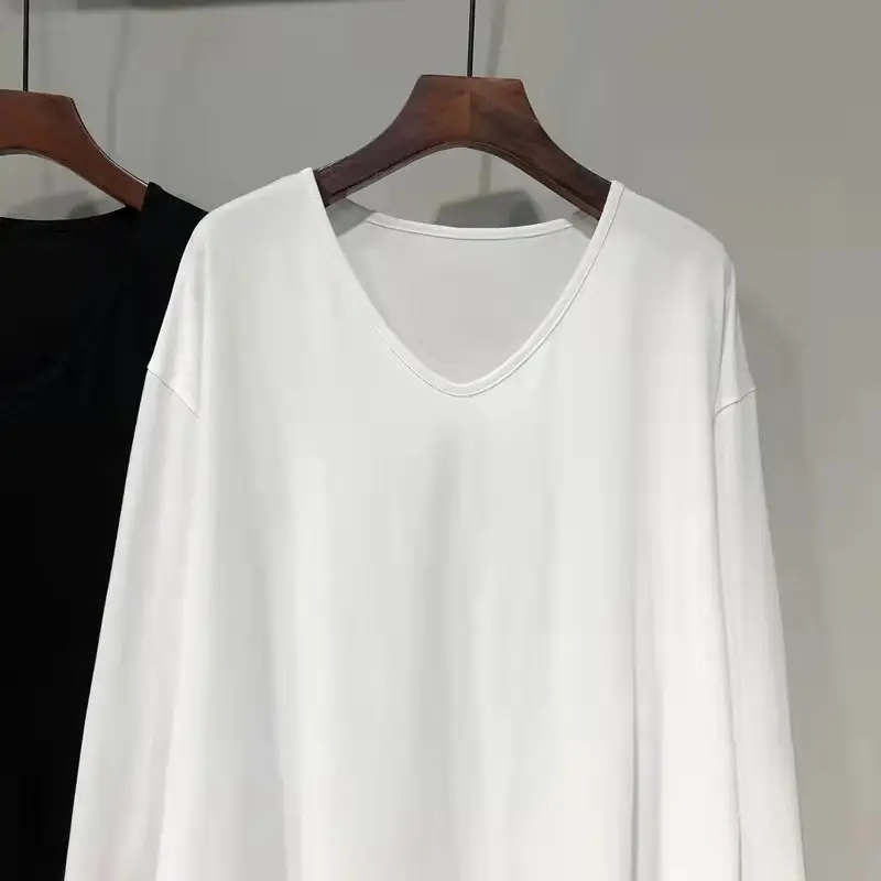 Women Irregular Cotton V-Neck T-Shirt White Large - Image 2
