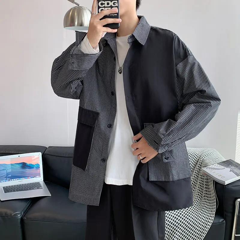 Men Korean Style Long Sleeve Shirt Coat Grey Black Striped - Image 3